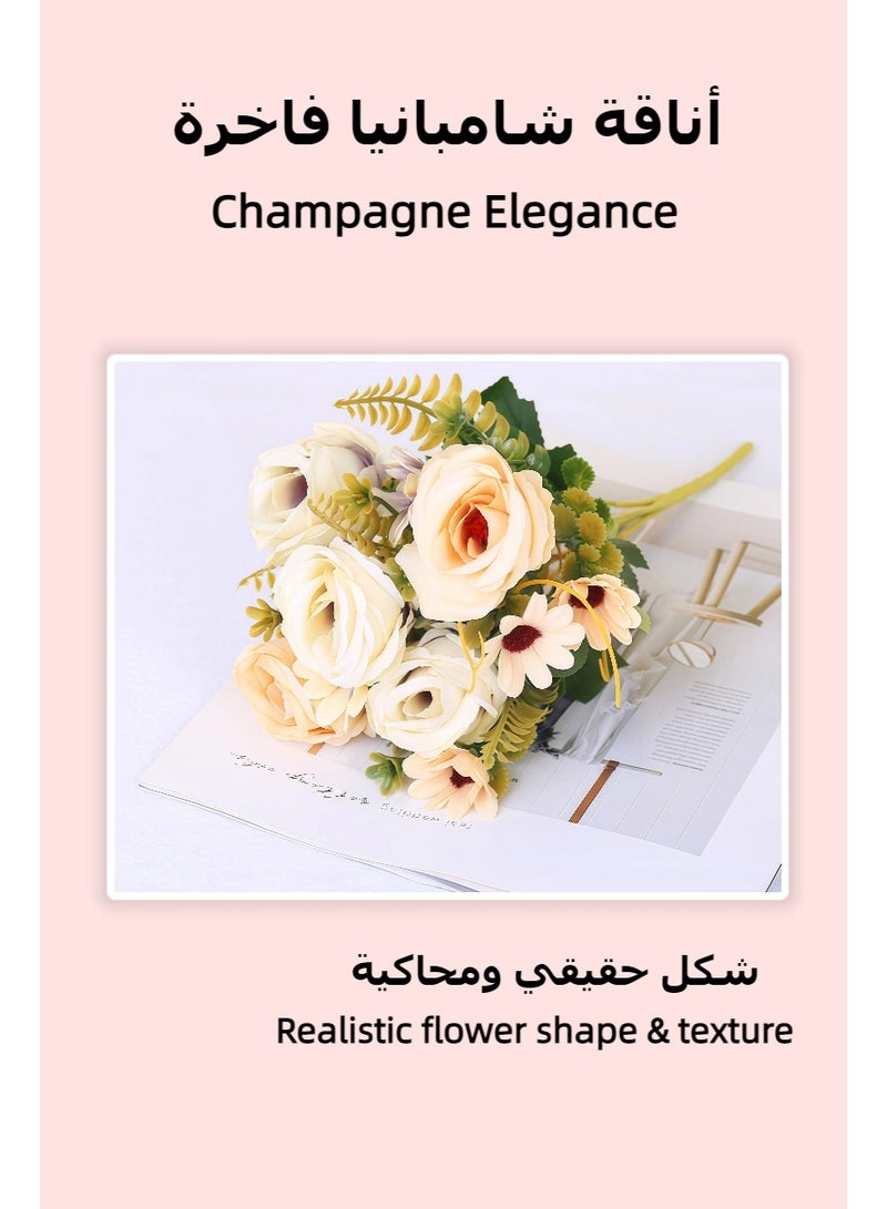Real Touch Artificial Roses, Champagne Faux Flower Arrangement, 5 Stem Handheld Bouquet for Home & Office Decor, Table Centerpiece, Photography Props, Holiday Gifts, Maintenance-Free Elegant Display for Living Room, Bedroom & Events - Image 2